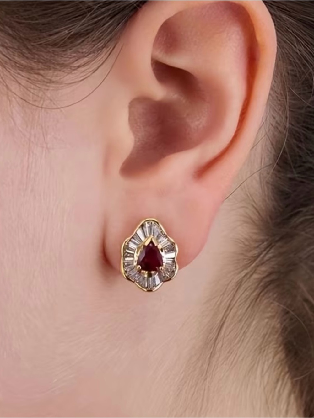 Gold-Plated Red Teardrop Crystal Stud Earrings